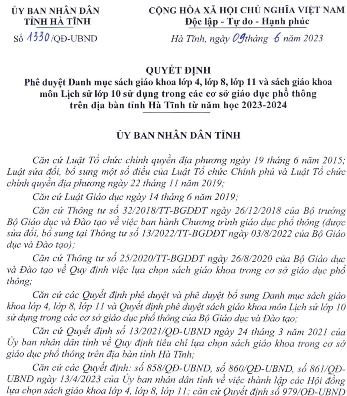 Quyết định số 1330QĐ-UBND ngày 0962023 của UBND tỉnh Hà Tĩnh