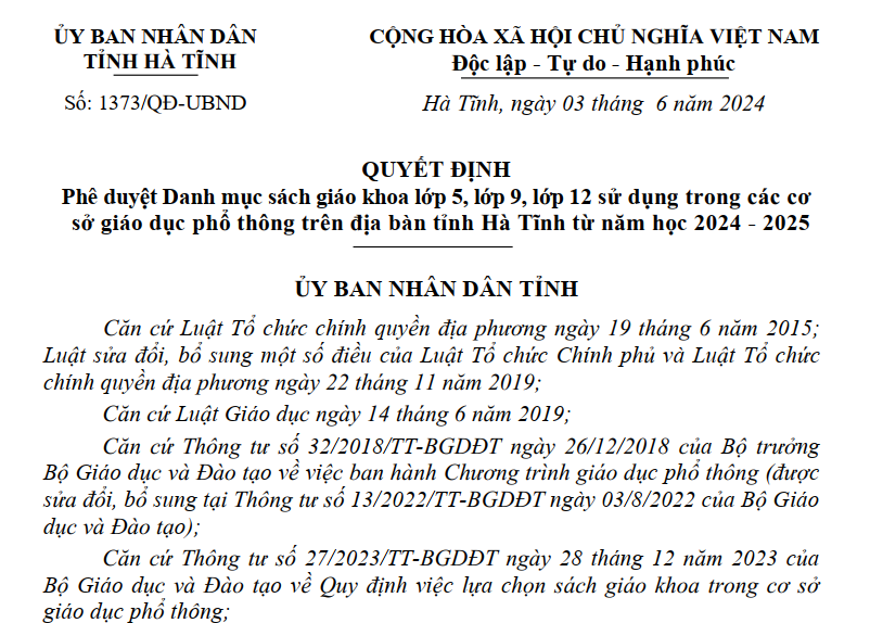 QUYẾT ĐỊNH SỐ 1373/ QĐ- UBND- NGÀY 03/6/2024